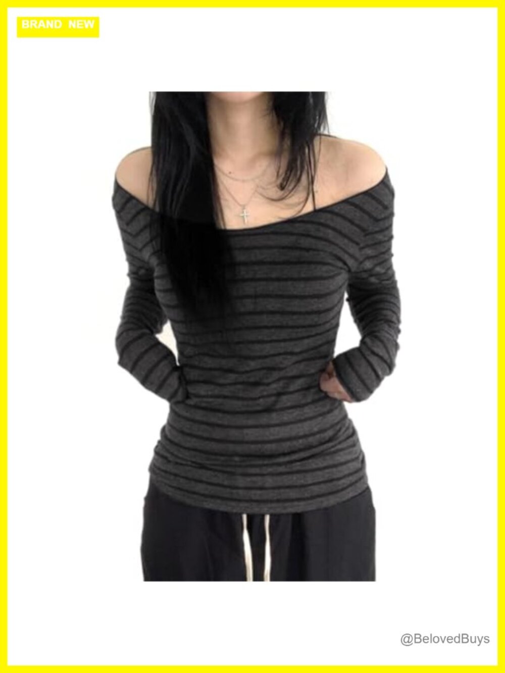 Y2K Striped Long Sleeve Fitted Off Shoulder Grunge Top